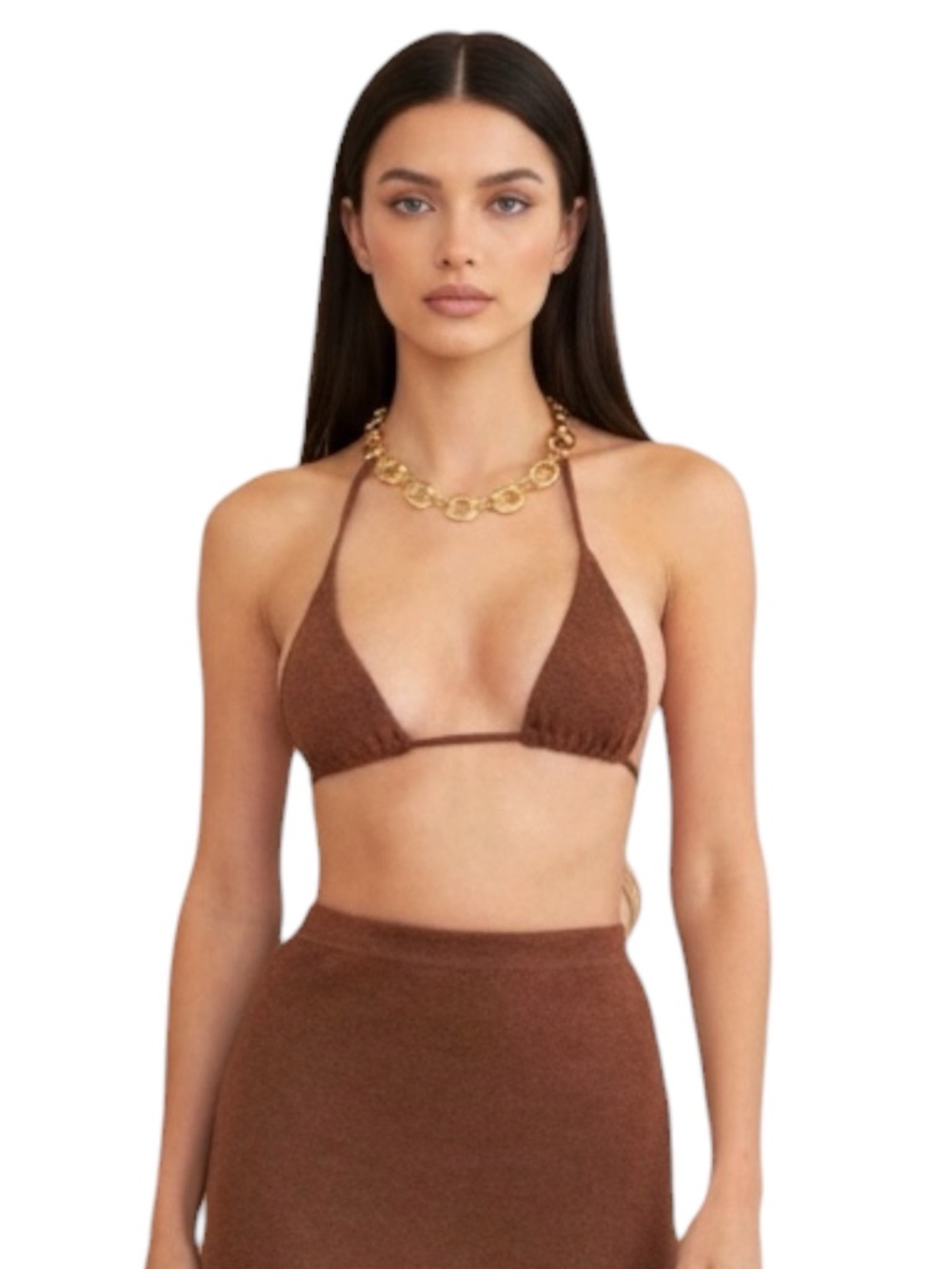 Savannah Morrow the label L brown Knit triangle crop top